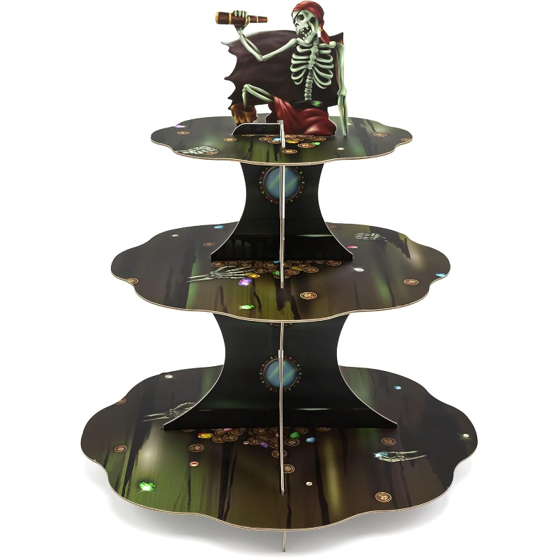 Cupcake Stand Tier - Totenkopf-Piraten-Cupcake-Ständer, Tier-Ständer, Dessert-Display, Kuchen-Serviertablett für Skelett,